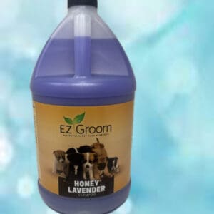 A bottle of honey lavender shampoo for dogs.