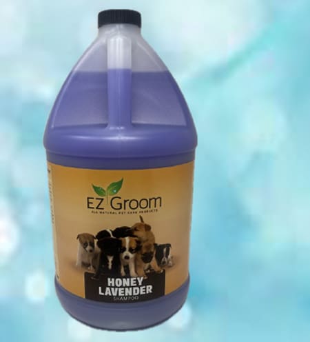 A bottle of honey lavender shampoo for dogs.