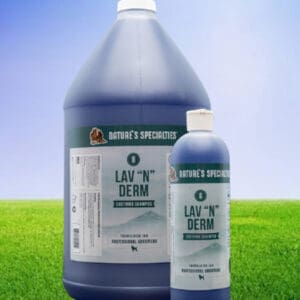 A bottle of lawn ' n ' beam is next to a gallon.