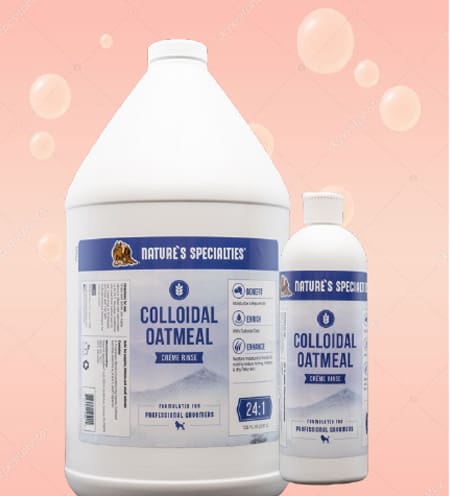 A bottle of colloidal oatmeal next to a container.