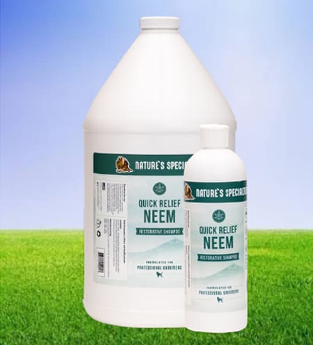 A bottle of neem oil next to a container.