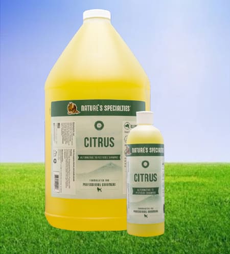 A bottle of citrus disinfectant sitting on top of grass.