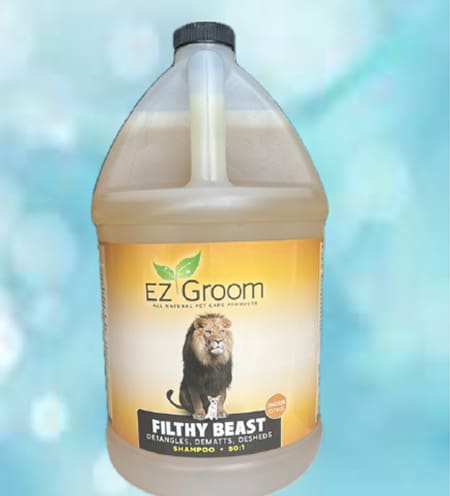 A gallon of ez groom filthy beast shampoo