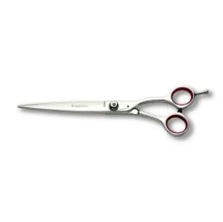 A pair of scissors with red handles and a button on the bottom.