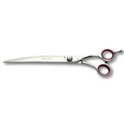 A pair of scissors with red handles and a metal blade.