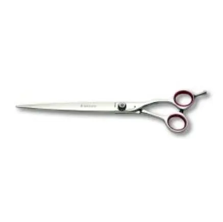 A pair of scissors with red handles and black tips.