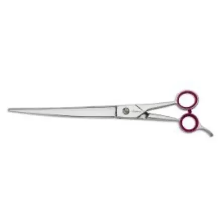 A pair of scissors with red handles and a metal blade.