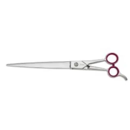 A pair of scissors with red handles and a white handle.