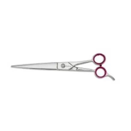 A pair of scissors with red handles and white tips.